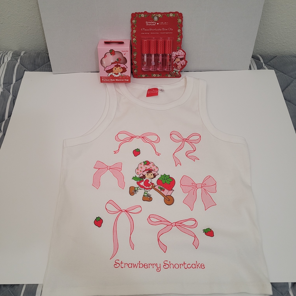Strawberry Shortcake Tank Top with Pink Bows, Shower Cap And Lip OILS BUNDLE